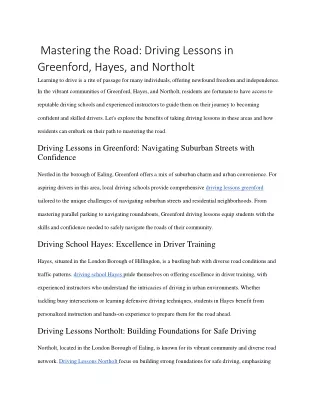 Mastering the Road- Driving Lessons in Greenford, Hayes, and Northolt