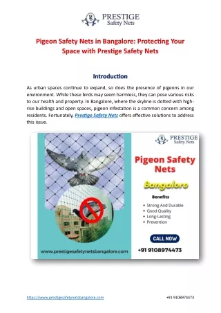 Pigeon Safety Nets in Bangalore: Protecting Your Space with Prestige Safety Nets