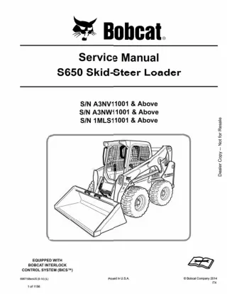 BOBCAT S650 SKID STEER LOADER Service Repair Manual SN：A3NV11001 AND Above