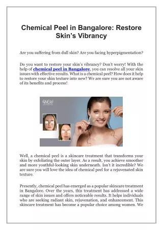 Chemical Peel in Bangalore, Restore Skin’s Vibrancy