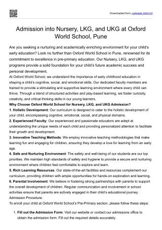 Admission into Nursery, LKG, and UKG at Oxford World School, Pune