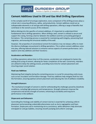 Cement Additives Used In Oil and Gas Well Drilling Operations