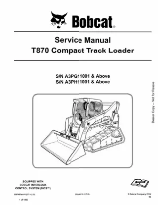 BOBCAT T870 COMPACT TRACK LOADER Service Repair Manual SN：A3PG11001 AND Above