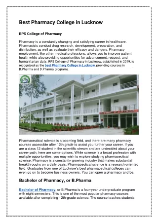 Best Pharmacy College in Lucknow