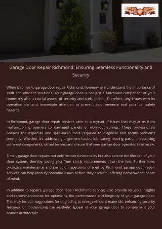 Garage Door Repair Richmond Ensuring Seamless Functionality and Security