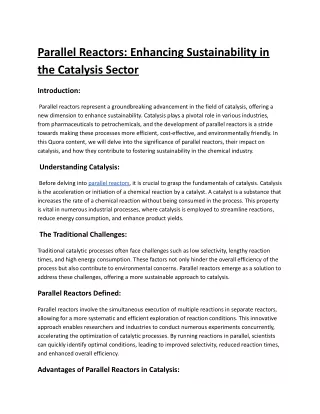 Parallel Reactors: Enhancing Sustainability in the Catalysis Sector