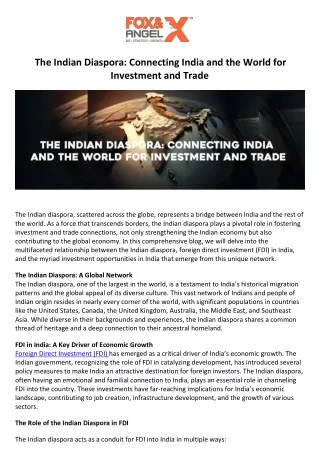 The Indian Diaspora Connecting India and the World for Investment and Trade