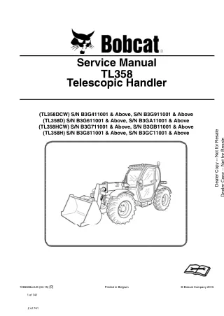Bobcat TL358HCW Telescopic Handler Service Repair Manual SN B3GB11001 and Above