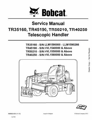 Bobcat TR50210 Telescopic Handler Service Repair Manual SN HVL1550000 AND Above