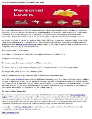 Get Instant Accessible Loans for Short Term Loans UK Direct Lender