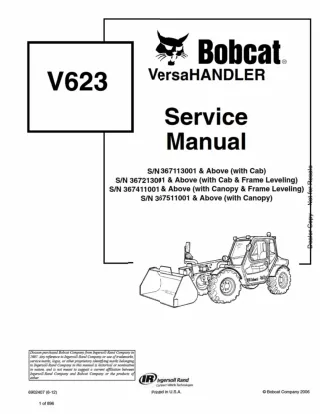 Bobcat V623 VersaHANDLER Telescopic Forklift Service Repair Manual SN 367113001 AND Above (with Cab)