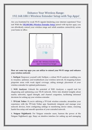 Enhance Your Wireless Range: 192.168.188.1 Wireless Extender Setup with Top Apps