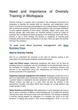 Need and Importance of Diversity Training in Workspace