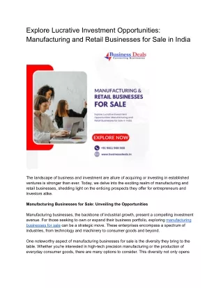 Investment Opportunities: Manufacturing and Retail Businesses for Sale in India