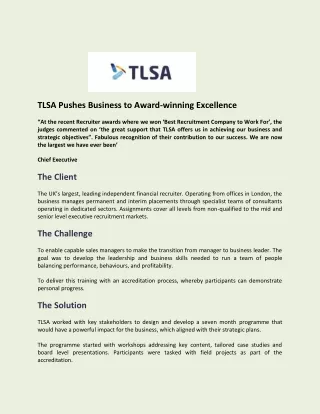 TLSA Pushes Business to Award-winning Excellence - TLSA