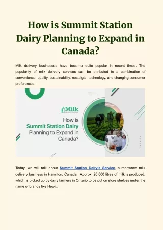 Milk Delivery Solutions-How is Summit Station Dairy Planning to Expand in Canada