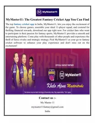 MyMaster11 The Greatest Fantasy Cricket App You Can Find