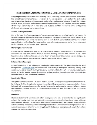 The Benefits of Chemistry Tuition for O Level: A Comprehensive Guide