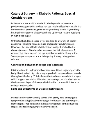 Cataract Surgery in Diabetic Patients: Special Considerations