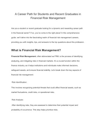 A Career Path for Students and Recent Graduates in Financial Risk Management