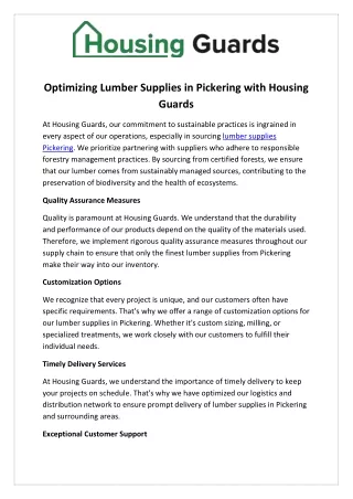 Optimizing Lumber Supplies in Pickering with Housing Guards
