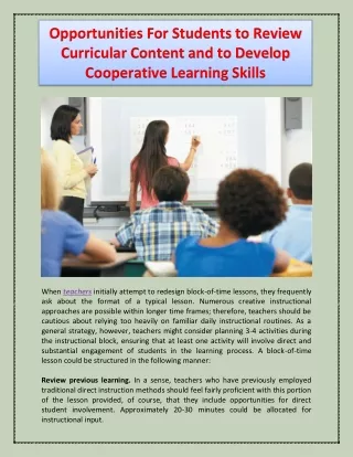 Opportunities For Students to Review Curricular Content and to Develop Cooperative Learning Skills