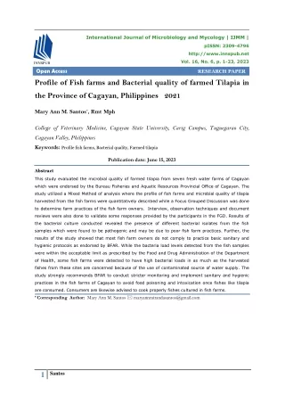 Profile of Fish farms and Bacterial quality of farmed Tilapia in the Province