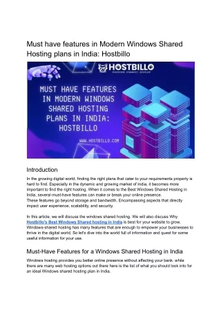 Must have features in Modern Windows Shared Hosting plans in India: Hostbillo