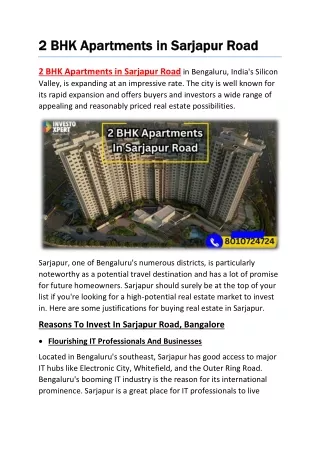 2 BHK Apartments In Sarjapur Road