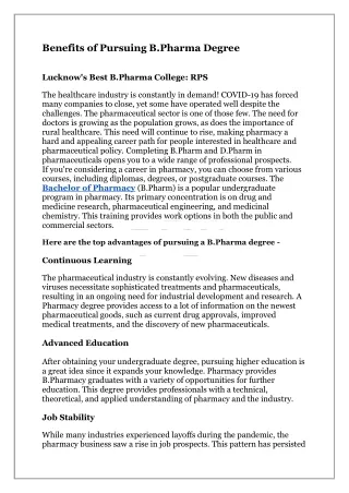 Benefits of Pursuing B.Pharma Degree