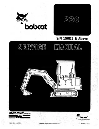 Bobcat 220 Excavator Service Repair Manual SN 15001 & Above