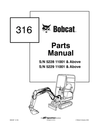 Bobcat 316 Excavator Parts Catalogue Manual SN 522811001 & Above