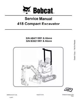 Bobcat 418 Compact Excavator Service Repair Manual SN AB4711001 AND Above