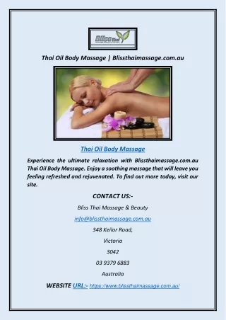 Thai Oil Body Massage | Blissthaimassage.com.au