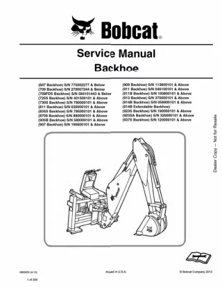 Bobcat 8709 Backhoe Service Repair Manual SN 880000101 AND Above