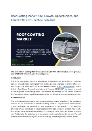 Roof Coating Market Size, Growth, Opportunities, and Forecast till 2028 - TechSci Research