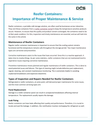 Reefer Containers - Importance of Proper Maintenance & Service