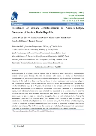 Prevalence of urinary schistosomiasis in Ahomey-Lokpo, Commune of So-Ava, Benin