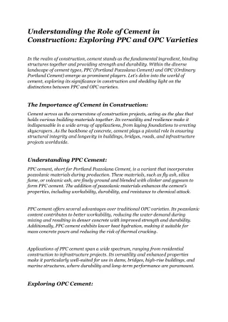 Understanding the Role of Cement in Construction Exploring PPC and OPC Varieties