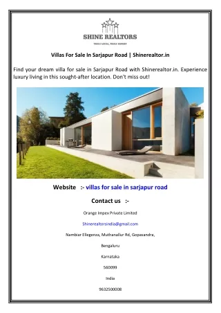 Villas For Sale In Sarjapur Road  Shinerealtor.in