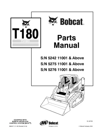 Bobcat T180 Compact Track Loader Parts Catalogue Manual SN 5242 11001 & Above