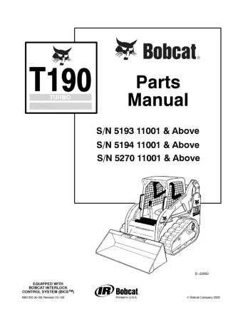 Bobcat T190 Compact Track Loader Parts Catalogue Manual SN 5193 11001 & Above