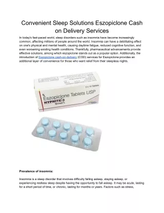 Convenient Sleep Solutions Eszopiclone Cash on Delivery Services