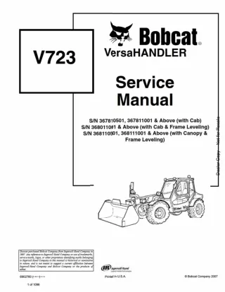 Bobcat V723 VersaHANDLER Telescopic Forklift Service Repair Manual SN 368110501, 368111001 AND Above (with Canopy and Fr