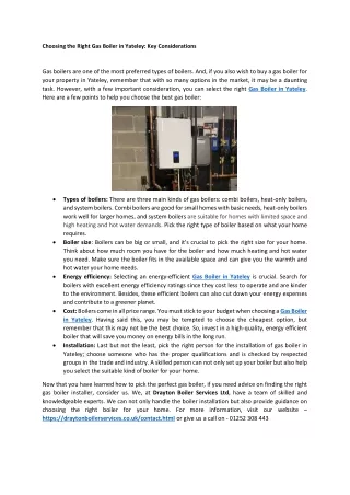 Choosing the Right Gas Boiler in Yateley Key Considerations