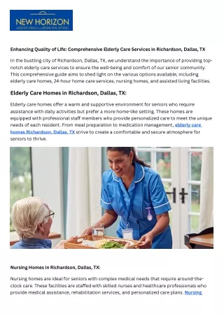 Enhancing Quality of Life Comprehensive Elderly Care Services in Richardson, Dallas, TX