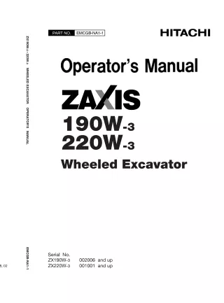 Hitachi ZAXIS 190W-3 Wheeled Excavator operator’s manual SN002006 and up