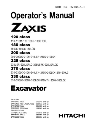 Hitachi Zaxis 200, 225 class Excavator operator’s manual SN 104640 and up