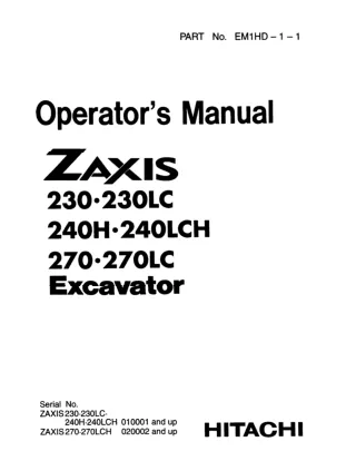 Hitachi Zaxis 230, 230LC, 240H, 240LCH Excavator operator’s manual SN 010001 and up