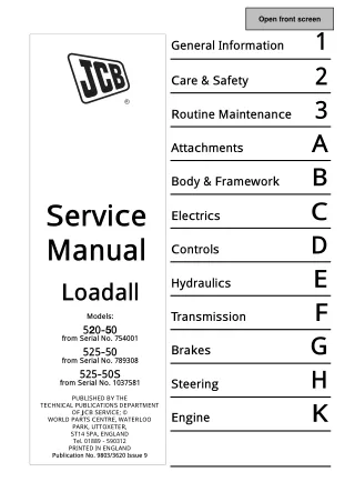 JCB 525-50S Telescopic Handler Service Repair Manual SN 1037581 Onwards